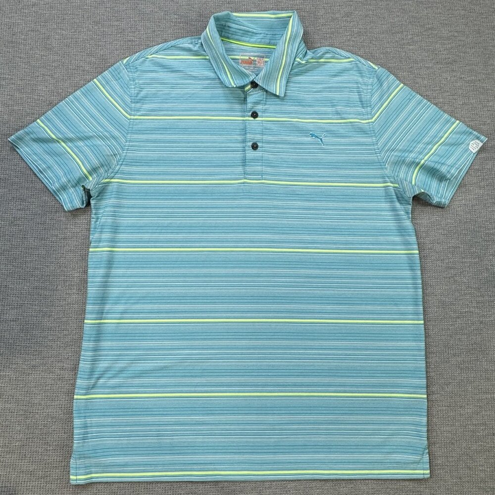Puma Mens Polo Top Sz L Turquoise Short Sleeve Striped Dry Cell Golf Active Tee